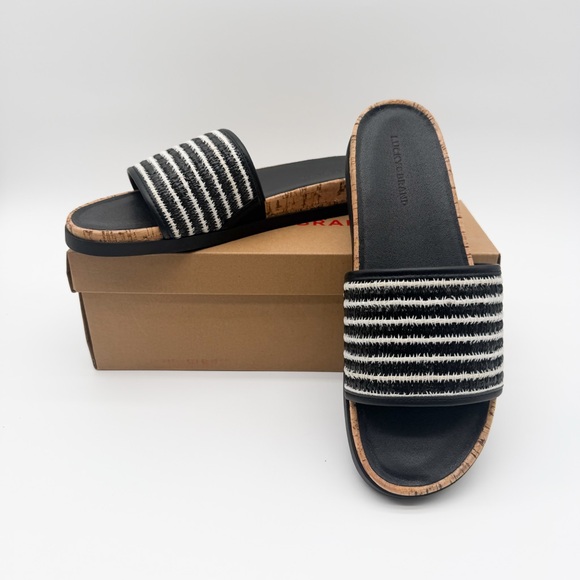Lucky Brand Shoes - Lucky Brand Dylina Raffia Woven Slide Sandals Open Toe Striped Cork Black 10 NEW